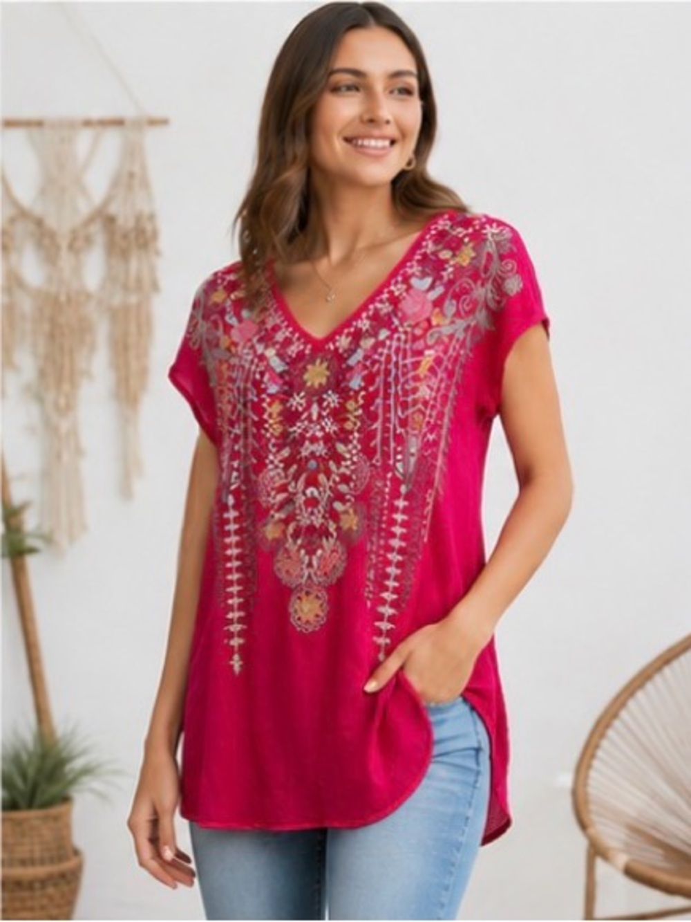 Johnny Was Hot Pink Embroidered V-Neck Short Sleeve Tunic